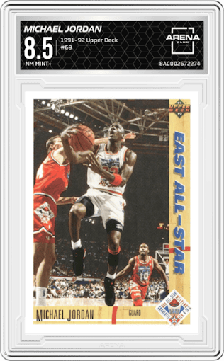 Michael Jordan from the 1991-92 Upper Deck set graded by Arena Club and given an overall grade of 8.5.