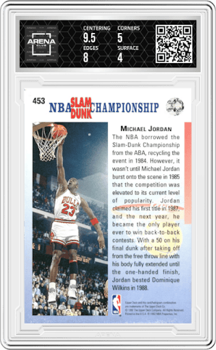 Michael Jordan from the 1992-93 Upper Deck  set graded by Arena Club and given an overall grade of 4.5.