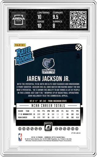 Jaren Jackson Jr. from the 2018-19 Panini Donruss Optic set featuring a Shock parallel graded by Arena Club and given an overall grade of 8.5.