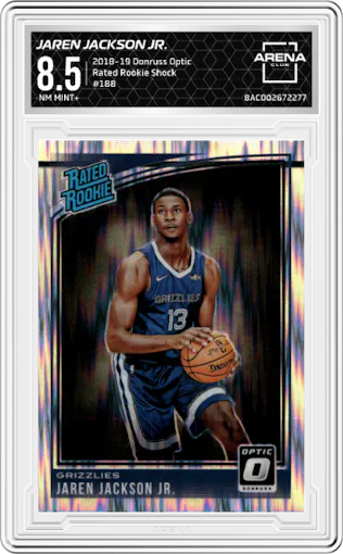 Jaren Jackson Jr. from the 2018-19 Panini Donruss Optic set featuring a Shock parallel graded by Arena Club and given an overall grade of 8.5.