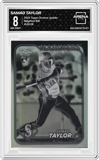 Samad Taylor from the 2024 Topps Chrome Update set featuring a Negative Refractor parallel graded by Arena Club and given an overall grade of 8.