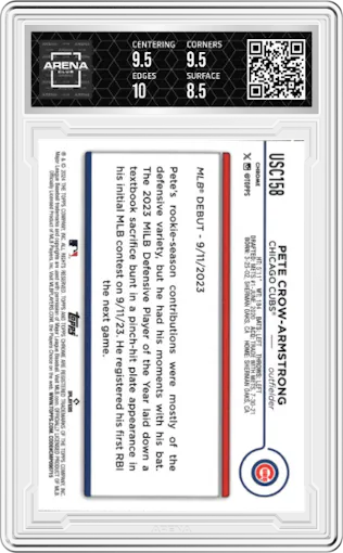 Pete Crow-Armstrong from the 2024 Topps Chrome Update set featuring a X-Fractor parallel graded by Arena Club and given an overall grade of 9.