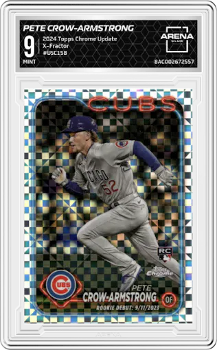 Pete Crow-Armstrong from the 2024 Topps Chrome Update set featuring a X-Fractor parallel graded by Arena Club and given an overall grade of 9.