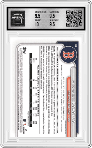 Ceddanne Rafaela from the 2024 Bowman set graded by Arena Club and given an overall grade of 10.