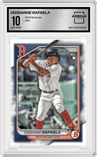 Ceddanne Rafaela from the 2024 Bowman set graded by Arena Club and given an overall grade of 10.