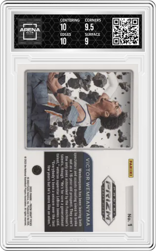 Victor Wembanyama from the 2023-24 Panini Prizm Draft Picks set graded by Arena Club and given an overall grade of 9.5.