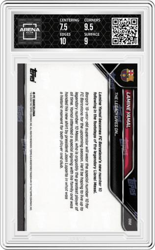 Lamine Yamal from the 2025 Topps Now FC Barcelona set graded by Arena Club and given an overall grade of 8.