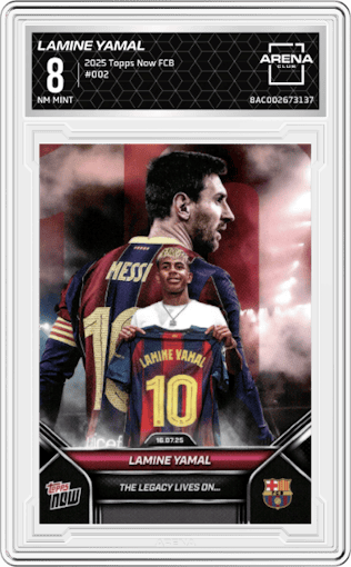 Lamine Yamal from the 2025 Topps Now FC Barcelona set graded by Arena Club and given an overall grade of 8.