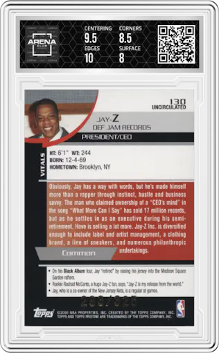 Jay Z from the 2005-06 Topps Pristine set featuring a Uncirculated parallel graded by Arena Club and given an overall grade of 8.5.