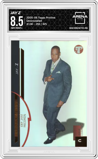 Jay Z from the 2005-06 Topps Pristine set featuring a Uncirculated parallel graded by Arena Club and given an overall grade of 8.5.