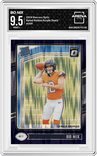 Bo Nix from the 2024 Donruss Optic set featuring a Purple Shock parallel graded by Arena Club and given an overall grade of 9.5.
