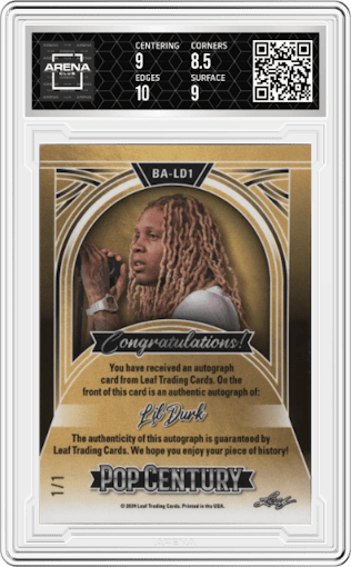 Lil Durk from the 2024 Leaf Metal Pop Century set featuring a Diagonal Shimmer Gold parallel graded by Arena Club and given an overall grade of 9.
