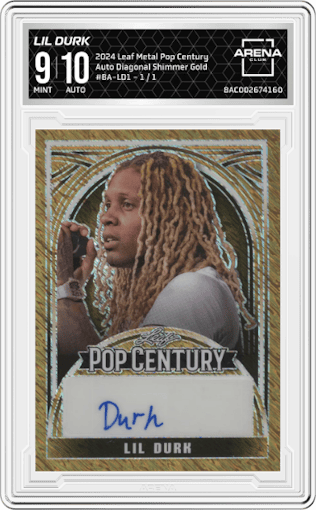 Lil Durk from the 2024 Leaf Metal Pop Century set featuring a Diagonal Shimmer Gold parallel graded by Arena Club and given an overall grade of 9.
