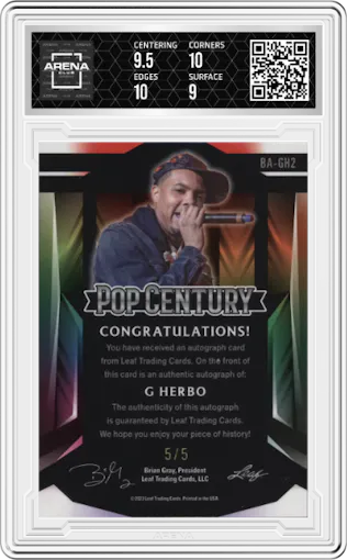 G Herbo from the 2023 Leaf Metal Pop Century set featuring a Orange Crystal parallel graded by Arena Club and given an overall grade of 9.5.