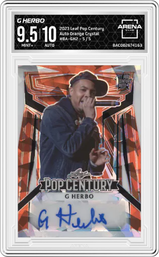 G Herbo from the 2023 Leaf Metal Pop Century set featuring a Orange Crystal parallel graded by Arena Club and given an overall grade of 9.5.