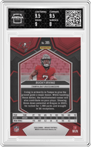 Bucky Irving from the 2024 Panini Mosaic set graded by Arena Club and given an overall grade of 8.5.