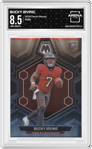 Bucky Irving from the 2024 Panini Mosaic set graded by Arena Club and given an overall grade of 8.5.