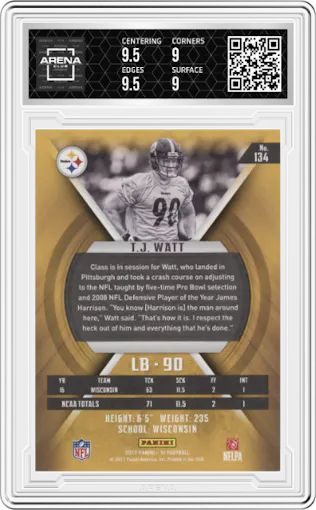 T.J. Watt  from the 2017 Panini XR set graded by Arena Club and given an overall grade of 9.5.