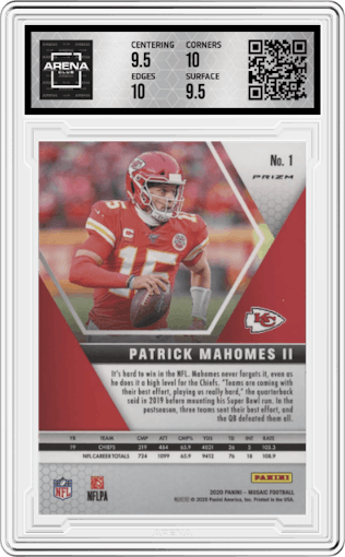 Patrick Mahomes II from the 2020 Panini Mosaic set featuring a Reactive Green parallel graded by Arena Club and given an overall grade of 10.