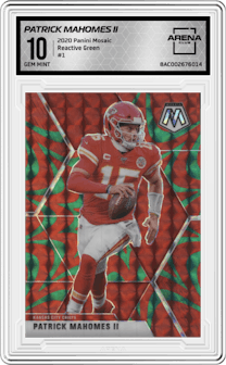 Patrick Mahomes II from the 2020 Panini Mosaic set featuring a Reactive Green parallel graded by Arena Club and given an overall grade of 10.