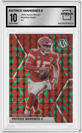 Patrick Mahomes II from the 2020 Panini Mosaic set featuring a Reactive Green parallel graded by Arena Club and given an overall grade of 10.