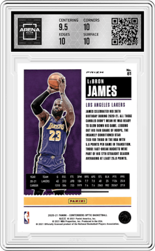 LeBron James from the 2020-21 Panini Contenders Optic set featuring a Red parallel graded by Arena Club and given an overall grade of 10.