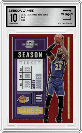 LeBron James from the 2020-21 Panini Contenders Optic set featuring a Red parallel graded by Arena Club and given an overall grade of 10.