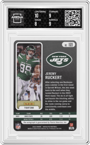 Jeremy Ruckert from the 2022 Panini Absolute set featuring a Blue Spectrum parallel graded by Arena Club and given an overall grade of 8.5.