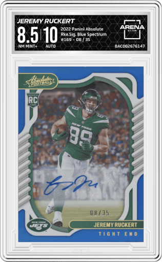 Jeremy Ruckert from the 2022 Panini Absolute set featuring a Blue Spectrum parallel graded by Arena Club and given an overall grade of 8.5.