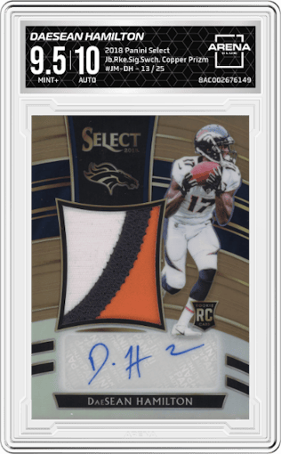 DaeSean Hamilton from the 2018 Panini Select set featuring a Copper Prizm parallel graded by Arena Club and given an overall grade of 9.5.