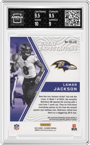 Lamar Jackson from the 2023 Panini Illusions set graded by Arena Club and given an overall grade of 9.5.