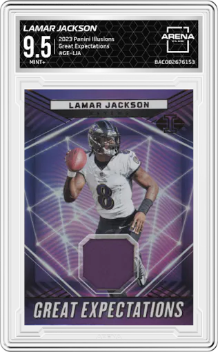 Lamar Jackson from the 2023 Panini Illusions set graded by Arena Club and given an overall grade of 9.5.