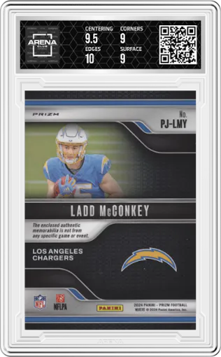 Ladd McConkey from the 2024 Panini Prizm set featuring a Pink parallel graded by Arena Club and given an overall grade of 9.5.