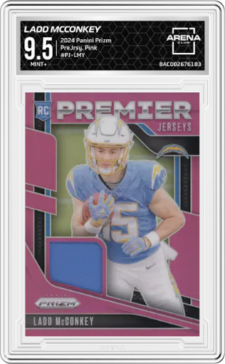Ladd McConkey from the 2024 Panini Prizm set featuring a Pink parallel graded by Arena Club and given an overall grade of 9.5.
