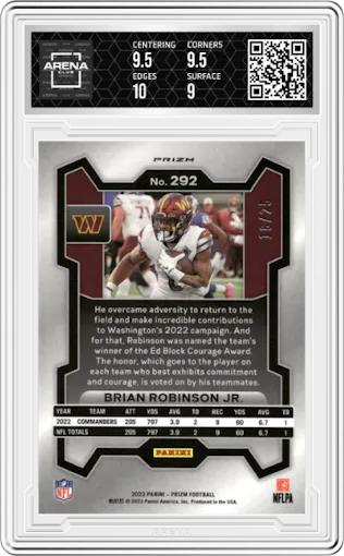 Brian Robinson Jr. from the 2023 Panini Prizm set featuring a Navy Camo parallel graded by Arena Club and given an overall grade of 9.5.