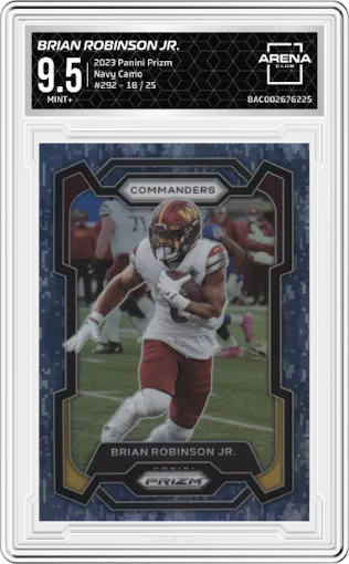 Brian Robinson Jr. from the 2023 Panini Prizm set featuring a Navy Camo parallel graded by Arena Club and given an overall grade of 9.5.