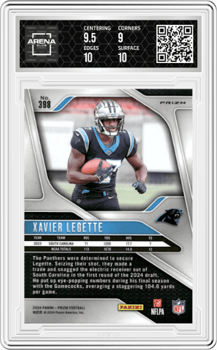 Xavier Legette from the 2024 Panini Prizm set featuring a Green Wave parallel graded by Arena Club and given an overall grade of 9.5.