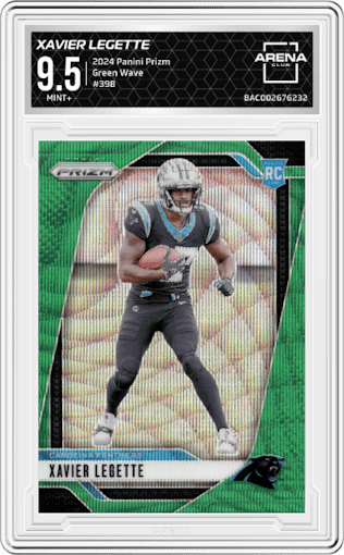 Xavier Legette from the 2024 Panini Prizm set featuring a Green Wave parallel graded by Arena Club and given an overall grade of 9.5.