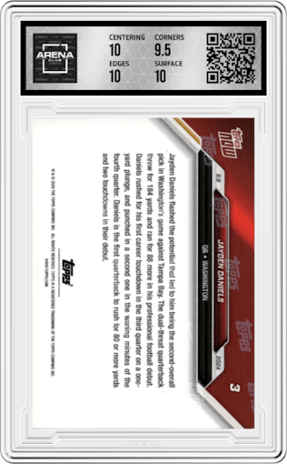 Jayden Daniels from the 2024 Topps Now set graded by Arena Club and given an overall grade of 10.