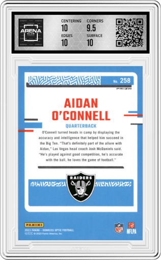 Aidan O'Connell from the 2023 Donruss Optic set featuring a  Purple Shock parallel graded by Arena Club and given an overall grade of 10.