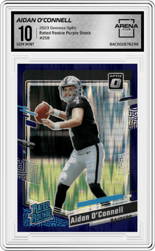 Aidan O'Connell from the 2023 Donruss Optic set featuring a  Purple Shock parallel graded by Arena Club and given an overall grade of 10.