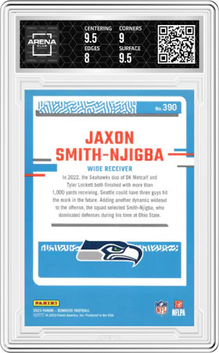 Jaxon Smith-Njigba from the 2023 Panini Donruss set featuring a Press Proof Blue parallel graded by Arena Club and given an overall grade of 8.5.