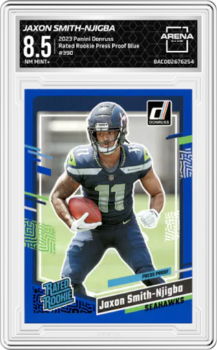 Jaxon Smith-Njigba from the 2023 Panini Donruss set featuring a Press Proof Blue parallel graded by Arena Club and given an overall grade of 8.5.