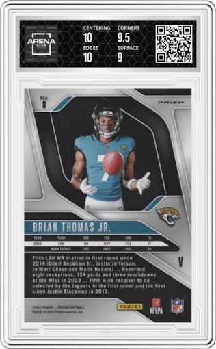 Brian Thomas Jr. from the 2024 Panini Prizm set graded by Arena Club and given an overall grade of 9.5.