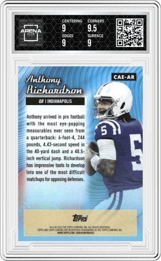 Anthony Richardson from the 2024 Topps Chrome set graded by Arena Club and given an overall grade of 9.