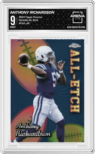 Anthony Richardson from the 2024 Topps Chrome set graded by Arena Club and given an overall grade of 9.