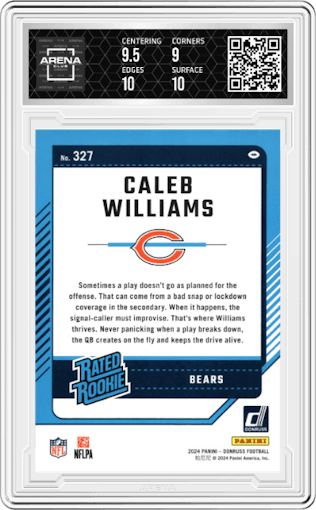 Caleb Williams from the 2024 Donruss set featuring a Press Proof Green parallel graded by Arena Club and given an overall grade of 9.5.