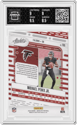 Michael Penix Jr. from the 2024 Panini Absolute set graded by Arena Club and given an overall grade of 9.