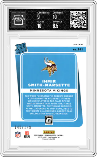 Ihmir Smith-Marsette from the 2021 Panini Donruss Optic set featuring a Orange parallel graded by Arena Club and given an overall grade of 9.
