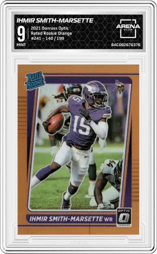 Ihmir Smith-Marsette from the 2021 Panini Donruss Optic set featuring a Orange parallel graded by Arena Club and given an overall grade of 9.
